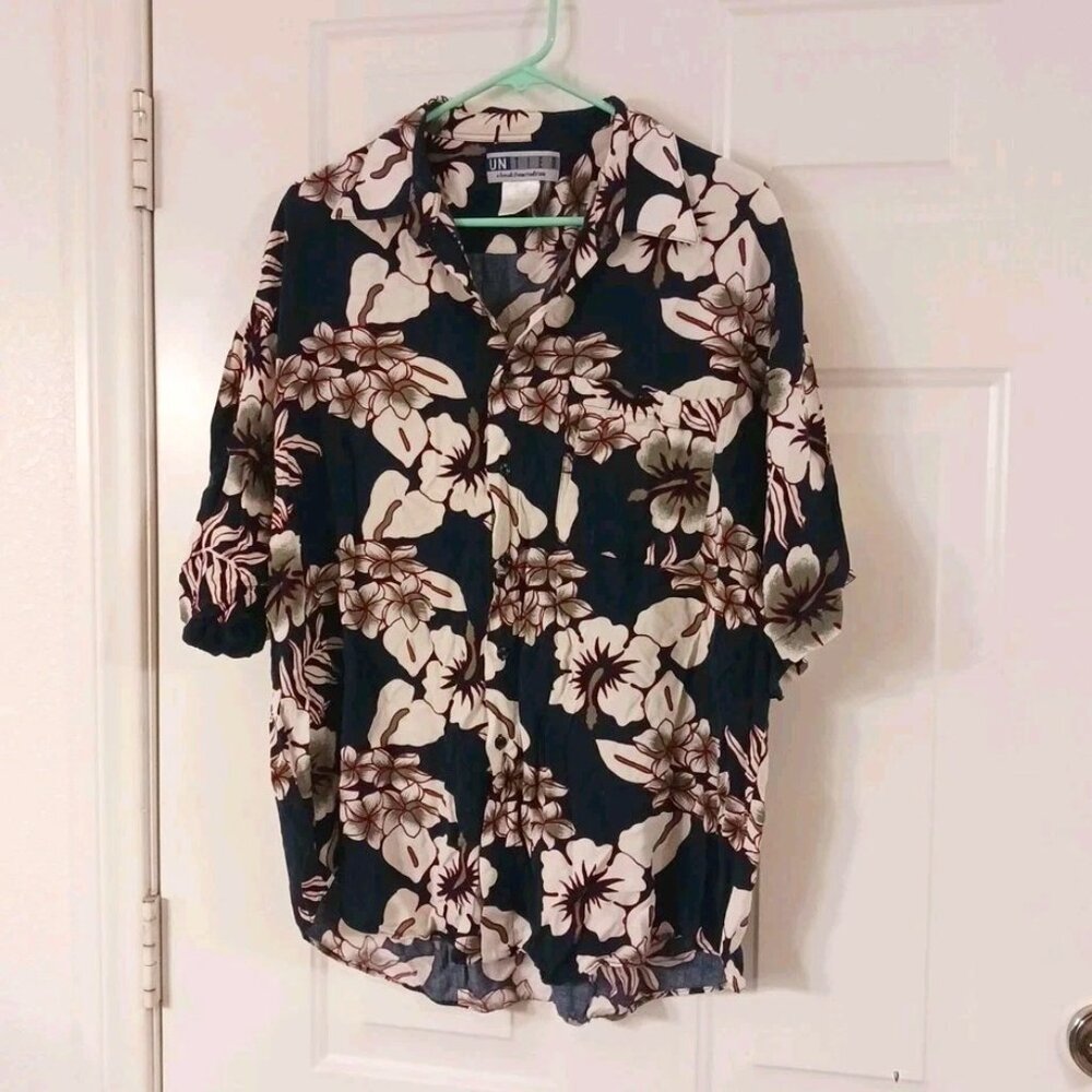 VTG 90s UNTIED Rayon Shirt Men's XL Floral Black Beach Hawaiian